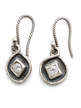 Silver-Tone Twisted Wire Drop Earrings with Center Stones - Silver